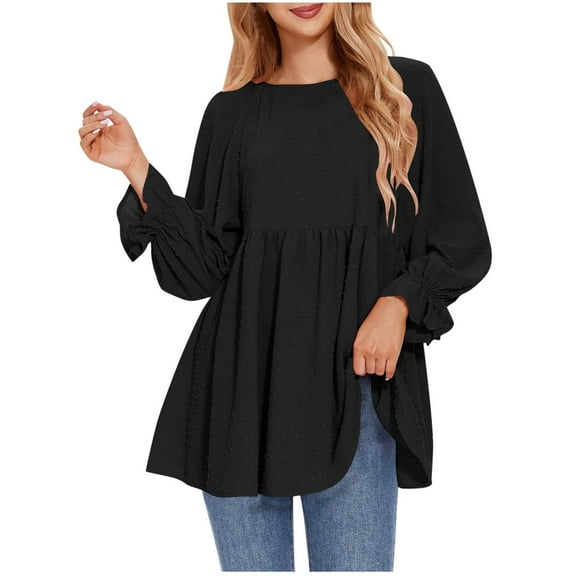 Aboser Babydoll Shirts for Women Loose Fit Puff Sleeve Tunic Tops Flowy Round Neck T-Shirt Solid Color Fall Outfits Casual Basic Long Tee Shirt Trendy Ruffle Hem Blouses