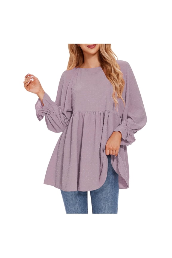 Babydoll Shirts for Women Loose Fit Puff Sleeve Tunic Tops Flowy Round Neck T-Shirt Solid Color Fall Outfits Casual Basic Long Tee Shirt Trendy Ruffle Hem Blouses