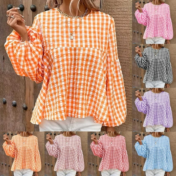 Aboser Babydoll Shirts for Women Trendy Plaid Tunic Tops Baggy Lantern Sleeve Shirt Oversized Crewneck T-Shirts Flowy Loose Fitted Blouses Orange XXL
