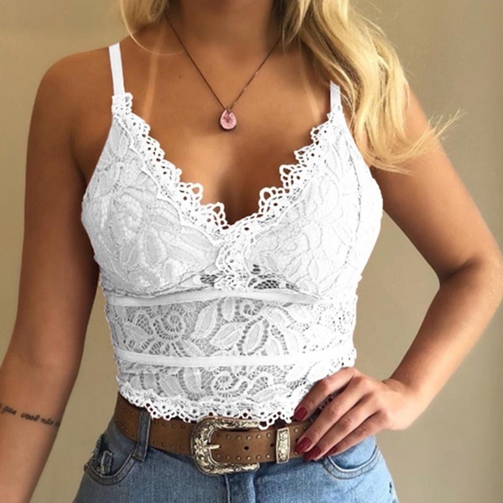 Women Floral Lace Padded Bralettes Mesh Wireless Bandeau Bra Stretchy  Bralette Crop Cami Top Tank Soft Wrapped Breast Push Up