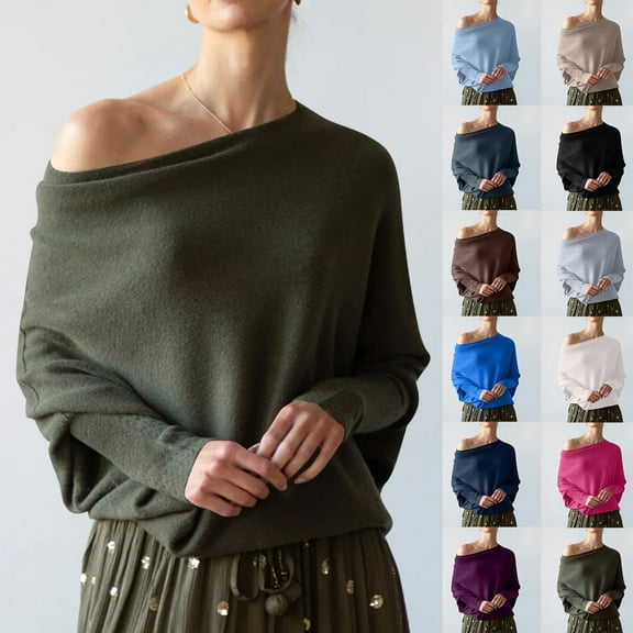 Aboser Batwing Long Sleeve Sweater Women Slouchy Off the Shoulder Jumper Tops Comfy Soft Cotton Knit Sweaters Loose Fit Solid Color Pullover Knitwear Black Free Size