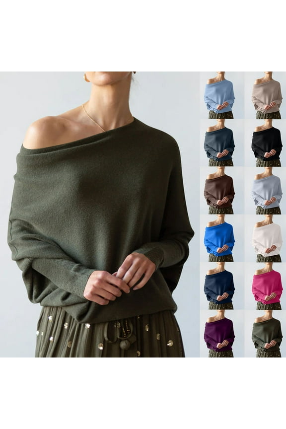 Batwing Long Sleeve Sweater Women Slouchy Off the Shoulder Jumper Tops Comfy Soft Cotton Knit Sweaters Loose Fit Solid Color Pullover Knitwear Gray Free Size