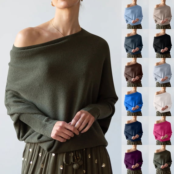 Aboser Batwing Long Sleeve Sweater Women Slouchy Off the Shoulder Jumper Tops Comfy Soft Cotton Knit Sweaters Loose Fit Solid Color Pullover Knitwear Navy Free Size