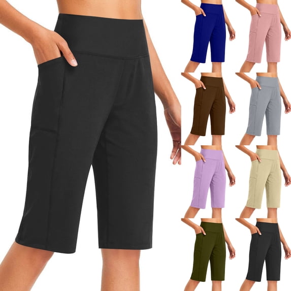 Aboser Bermuda Biker Shorts for Women Tummy Control High Waisted Shorts Knee Length Workout Shorts Casual Straight Leg Yoga Shorts with Pockets