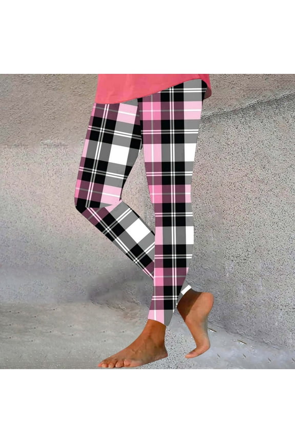 Black and Pink Leggings for Women Stretchy High Waist Tights Active Ankle Length Tights Cozy Plaid Print Yoga Pants Casual Slim Fit Leggings