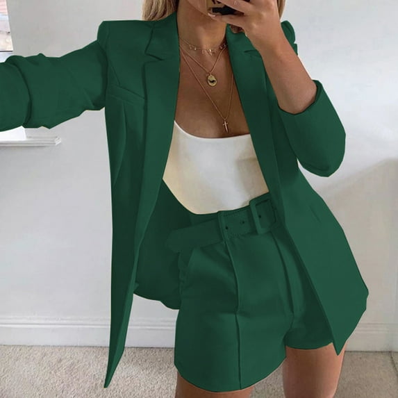 Aboser Blazer Sets Women 2 Piece Outfits Solid Long Sleeve Blazer with Short Pants Set Casual Open Front Office Outfits with Belt