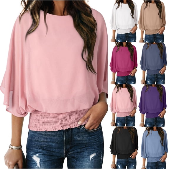 Aboser Blouson Shirts for Women 3/4 Sleeve Chiffon Tops Lightweight Double Layers Blouses Elegant Casual Crewneck T Shirt Solid Color Blouse Top