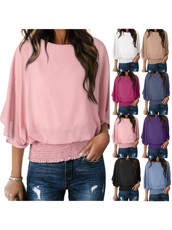 Blouson Shirts for Women 3/4 Sleeve Chiffon Tops Lightweight Double Layers Blouses Elegant Casual Crewneck T Shirt Solid Color Blouse Top
