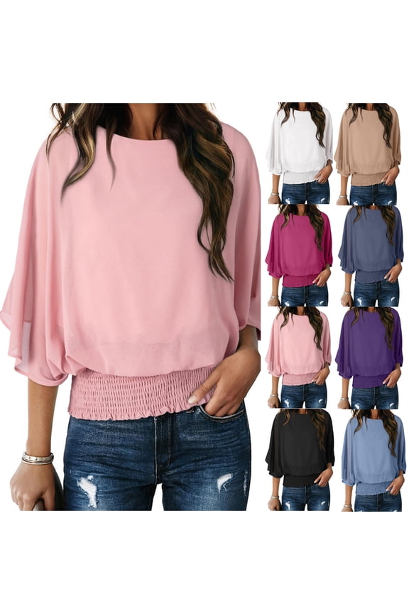 Blouson Shirts for Women 3/4 Sleeve Chiffon Tops Lightweight Double Layers Blouses Elegant Casual Crewneck T Shirt Solid Color Blouse Top
