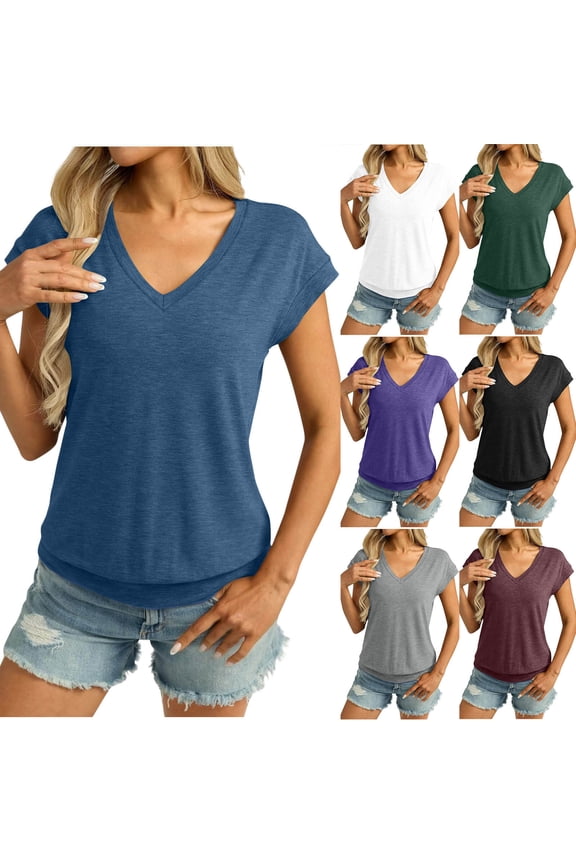 Blouson Tops for Women Going Out T Shirts Summer Short Sleeve Tees Comfy Soft Cotton Tshirts Solid Color Casual Blouses 2026 Blue XXL