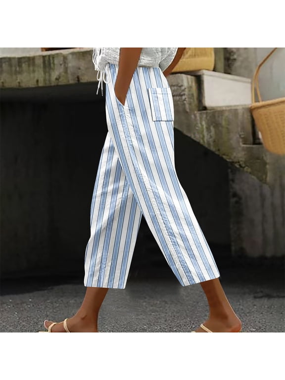 Blue Striped Pants for Women Dressy Harem Capri Pants Loose Wide Leg Capris Drawstring Elastic Waist Cropped Trousers Lightweight Casual Summer Capri Pants