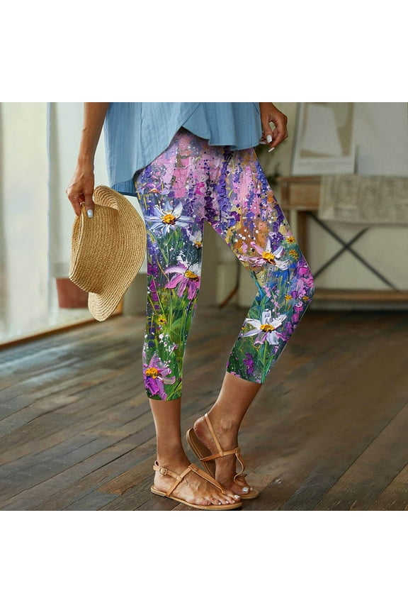Boho Capri Leggings for Women Floral Print Workout Pants High Waisted Stretch Yoga Pants Soft Comfy Cropped Workout Jeggings Summer Beach Lounge Tights