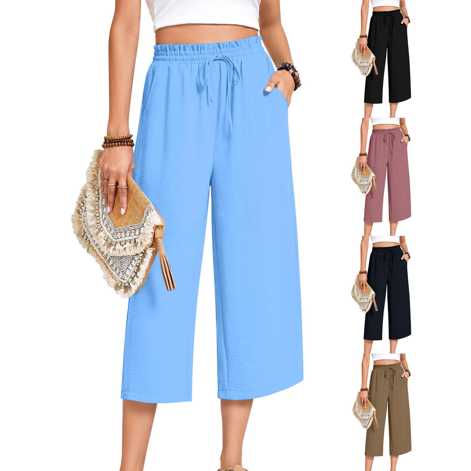 Women's Wide Leg Capri Pants - Business Casual Stretch Cropped Trousers For Office & Lounge