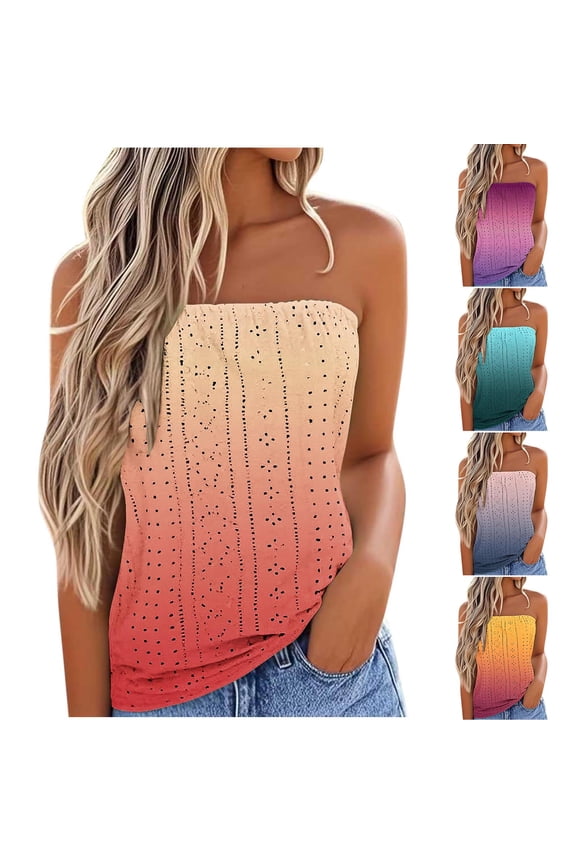 Boho Eyelet Tube Tops for Women Beach Vacation Top Cute Tie Dye Tank Tops Loose Fit Summer Tunics Casual Strapless Tube Top