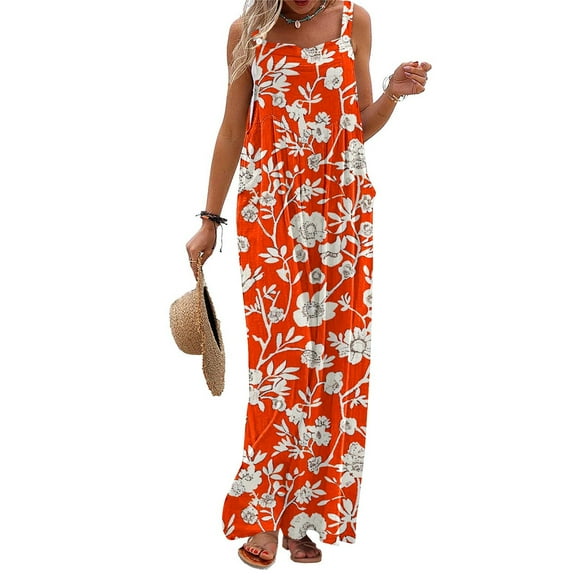 Aboser Boho Floral Jumpsuits for Women Casual Wide Leg Jumpers Loose Fit Summer Rompers Sleeveless Long Overalls with Pockets