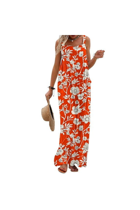 Boho Floral Jumpsuits for Women Casual Wide Leg Jumpers Loose Fit Summer Rompers Sleeveless Long Overalls with Pockets