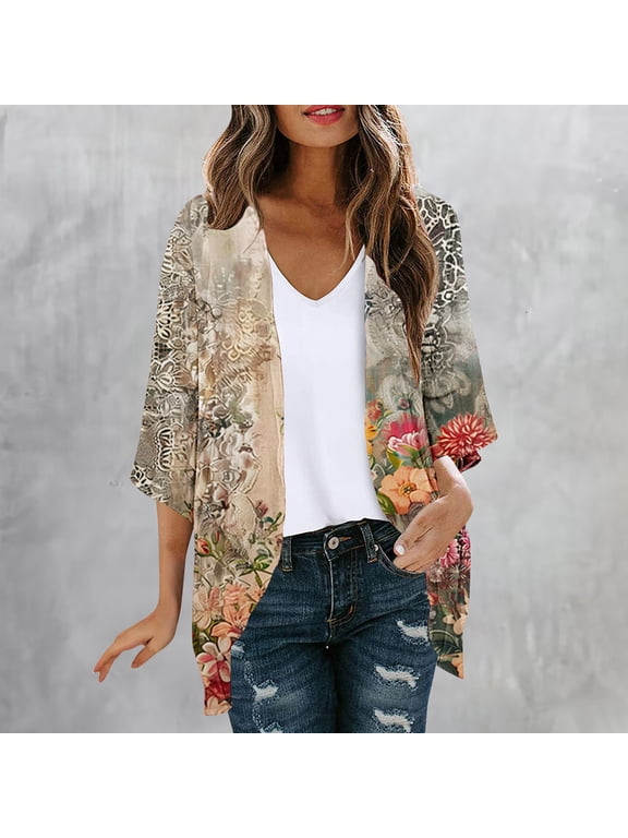 Boho Floral Print Cardigans for Women Plus Size Open Front Kimonos Casual 3/4 Sleeve Kimono Cardigan Loose Fit Beach Cover Ups
