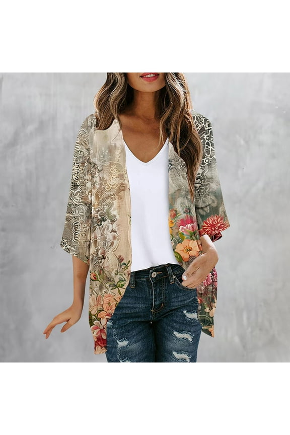 Boho Floral Print Cardigans for Women Plus Size Open Front Kimonos Casual 3/4 Sleeve Kimono Cardigan Loose Fit Beach Cover Ups