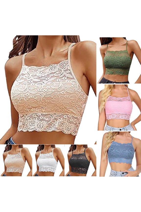 Boho Lace Longline Bras for Women Backless Crop Tops Trendy Spaghetti Strap Camisoles Comfortable Soft Lightly Padded Bralette White L
