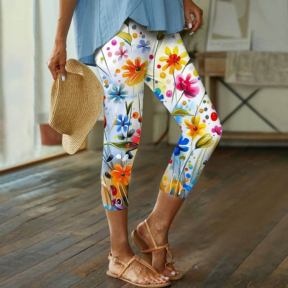 Aboser Boho Yoga Pants for Women Floral Print Capri Leggings Workout High Waisted Capris Pants Soft Comfy Cropped Pants Knee Length Workout Jeggings Summer Lounge Tights