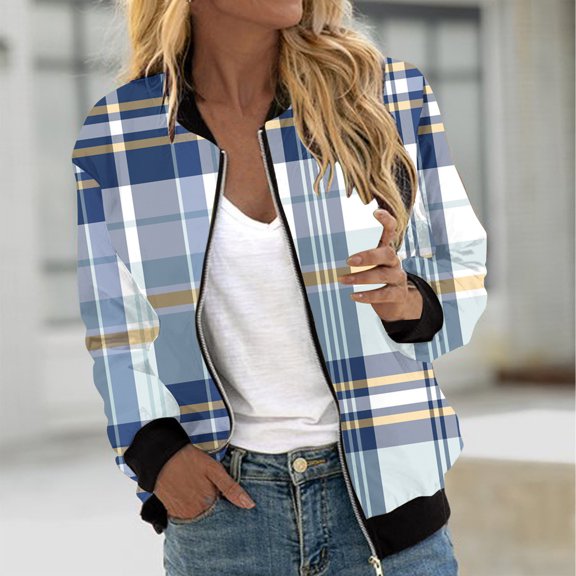 Aboser Bomber Jackets for Women Casual Zip Up Varsity Jacket Trendy Plaid Printing Coats Boyfriend Style Cropped Outerwear Stand Collar Windbreaker Jackets
