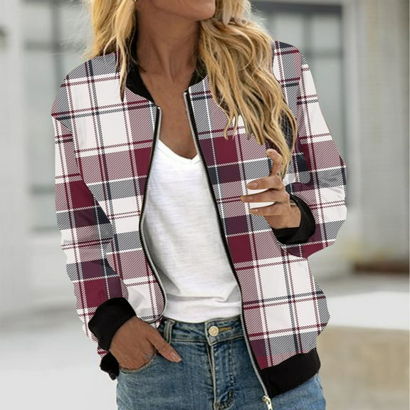Aboser Bomber Jackets for Women Casual Zip Up Varsity Jacket Trendy Plaid Printing Coats Boyfriend Style Cropped Outerwear Stand Collar Windbreaker Jackets