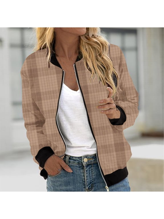 Bomber Jackets for Women Casual Zip Up Varsity Jacket Trendy Plaid Printing Coats Boyfriend Style Cropped Outerwear Stand Collar Windbreaker Jackets