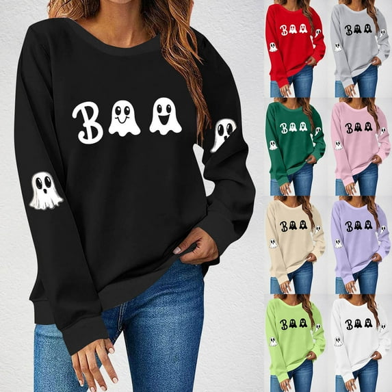Aboser Boo Halloween Sweatshirt for Women Funny Graphic Pullover Trendy Long Sleeve Sweatshirts Y2K Clothes Casual Crew Neck Blouses