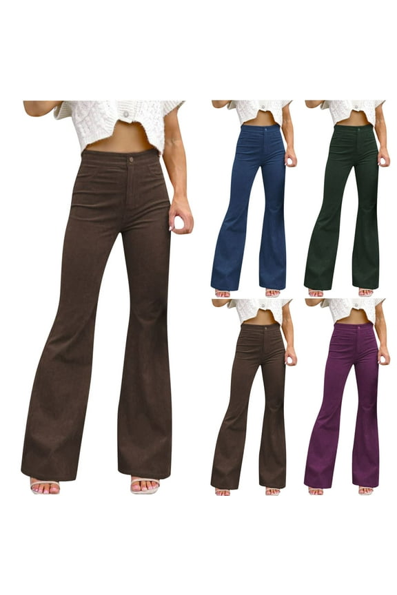 Bootcut Flare Pants for Women Vintage Corduroy Pants Dressy Casual Wide Leg Trousers Y2k High Waisted Pants with Pockets Brown M