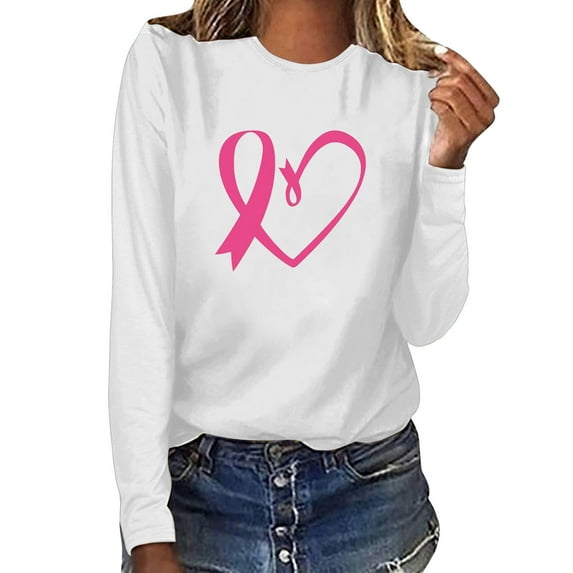 Aboser Breast Cancer Shirts for Women Pink Ribbon Graphic Tees Funny Long Sleeve Tops Plus Size Blouse Breast Cancer Warrior T Shirts