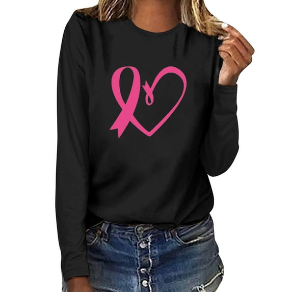 Aboser Breast Cancer Shirts for Women Pink Ribbon Graphic Tees Funny Long Sleeve Tops Plus Size Blouse Breast Cancer Warrior T Shirts