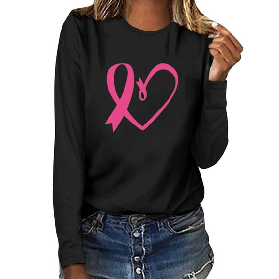 Aboser Breast Cancer Shirts for Women Pink Ribbon Graphic Tees Funny Long Sleeve Tops Plus Size Blouse Breast Cancer Warrior T Shirts