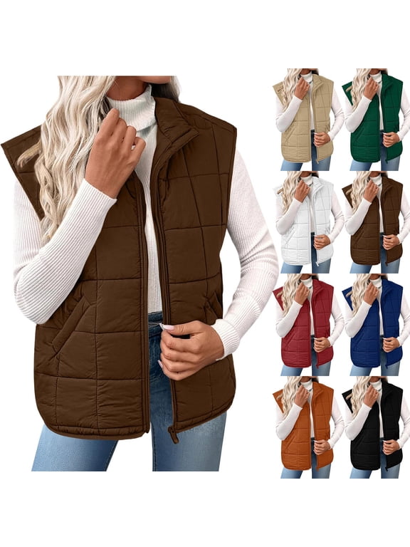 Bubble Puffer Vest for Women Sleeveless Full Zip Quilted Jackets Lightweight Warm Padded Vests Loose Casual Winter Outerwear with Pockets