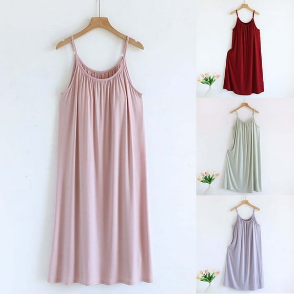 Aboser Built in Pad Nightgowns for Women Adjustable Strap Sleeveless Pajama Dress Ladies Trendy Midi Length Tank Dresses Flowy Scoop Neck Nightdress Stretchy Soft Modal Loungewear