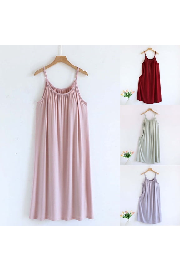 Built in Pad Nightgowns for Women Adjustable Strap Sleeveless Pajama Dress Ladies Trendy Midi Length Tank Dresses Flowy Scoop Neck Nightdress Stretchy Soft Modal Loungewear