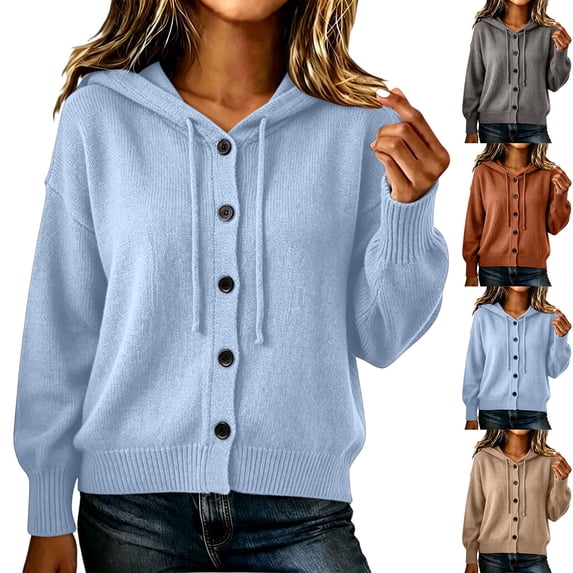 Aboser Button Down Cardigan Sweaters for Women Long Sleeve Hoodie Coats Comfort Casual Knit Sweater Coat Drawstring Drop Shoulder Cardigans