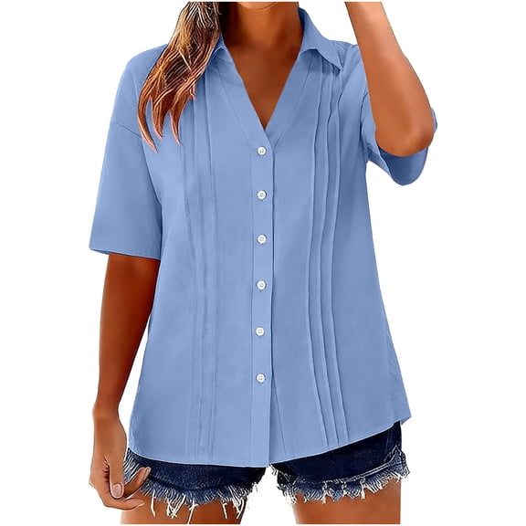 Aboser Button Down Dress Shirts for Women Business Casual Pleated Shirt Summer Short Sleeve Work Blouses Solid Color Office Shirts