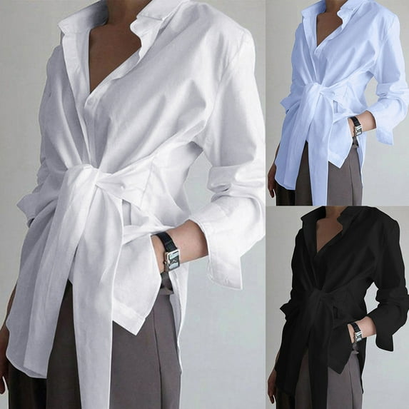 Aboser Button Down Dress Shirts for Women Business Casual Work Office Shirt Lightweight Tie Front Blouses Loose Long Sleeve Blouse Tops Light blue XL
