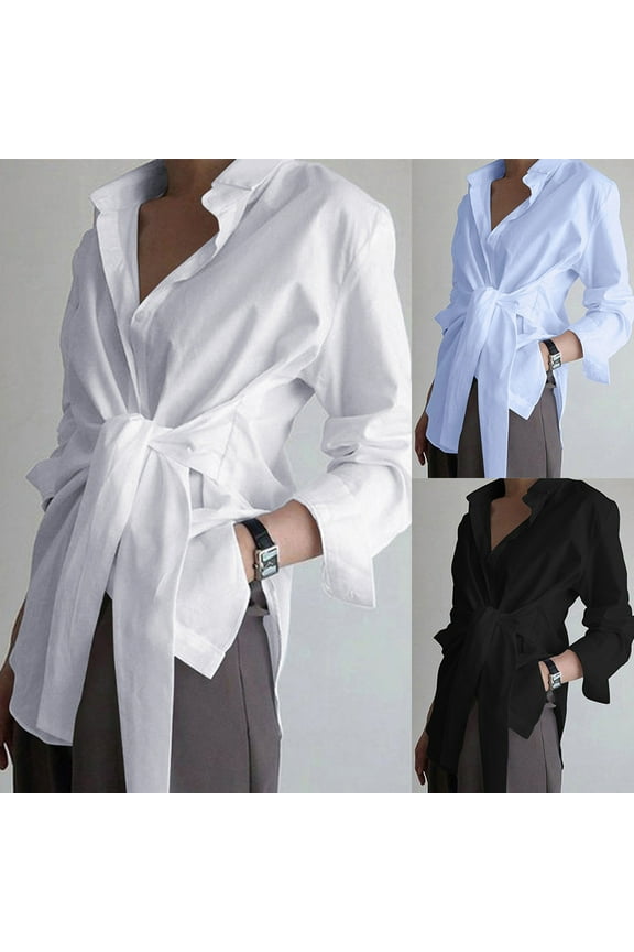 Button Down Dress Shirts for Women Business Casual Work Office Shirt Lightweight Tie Front Blouses Loose Long Sleeve Blouse Tops Light blue XL