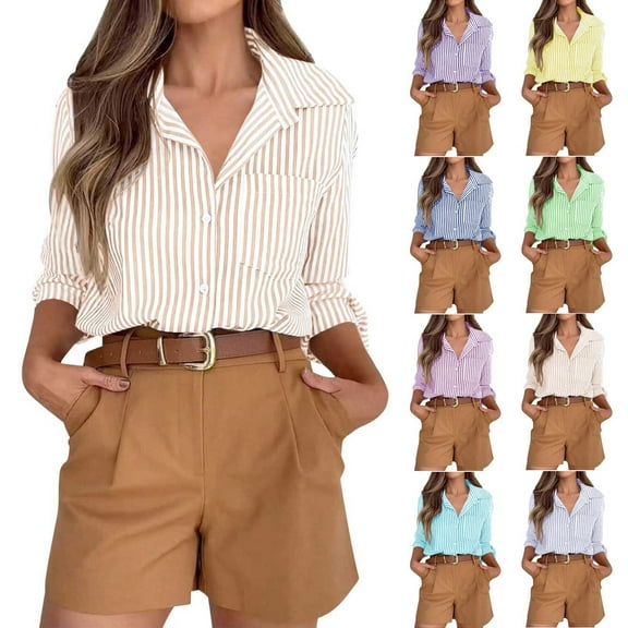 Aboser Button Down Shirts for Women Business Casual Striped Dress Shirt Long Sleeve Collared Blouses Office Work Shirts with Pocket Blue L