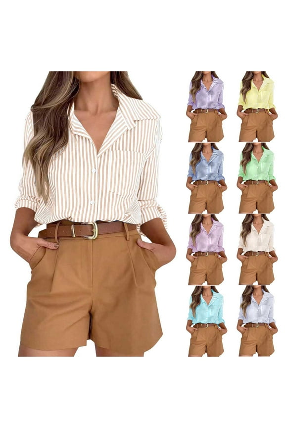 Button Down Shirts for Women Business Casual Striped Dress Shirt Long Sleeve Collared Blouses Office Work Shirts with Pocket Orange M