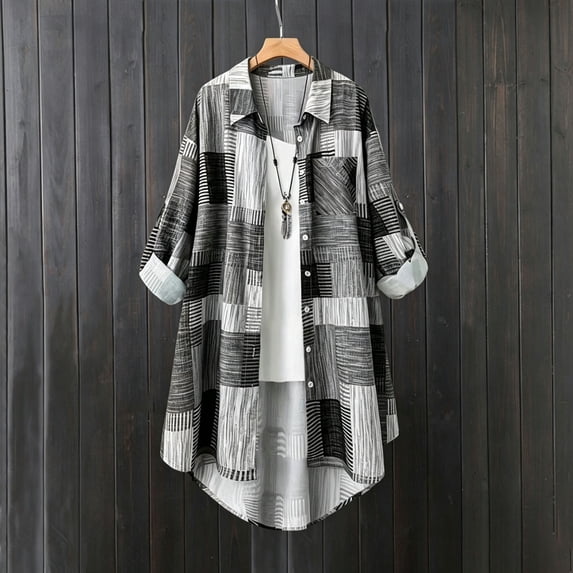 Aboser Button Down Long Shirts for Women Retro Plaid Jacket Roll Up Long Sleeve Jackets Lightweight Casual Shacket Loose Fitted Collared Shirt Blouses