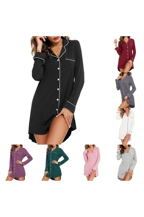 Button Down Nightshirts for Women Sleepwear Lapel Long Sleeve Nightdress Loose Side Split Loungewear Solid Color Short Pajama Shirts with Chest Pocket