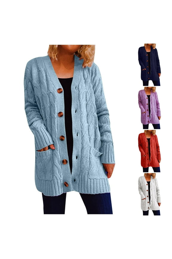 Cable Knit Cardigan Sweaters for Women Trendy Open Front Duster Casual Button Down Long Sweater Coats Slouchy Cardigans with Pockets
