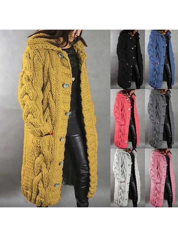 Cable Knit Cardigan for Women Sweaters Button Down Hooded Cardigans Fall Winter Thernal Long Sweater Coats Chunky Long Sleeve Outerwear with Pockets