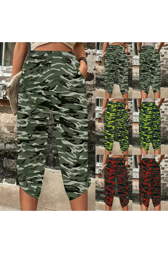 Camo Capri Pants for Women Military Tactical Pants Comfy High Waisted Capris Casual Cropped Trousers Outdoor Climbing Hiking Pants with Pockets