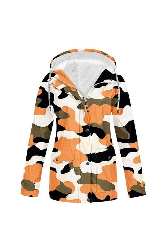 Camo Rain Jacket for Women Waterproof Fleece Lined Raincoats Plus Size Winter Rain Jackets Outdoor Sun Protection Windbreaker Full Zip Long Raincoat with Hood