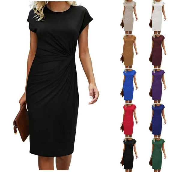 Aboser Cap Sleeve Dresses for Women Casual Twist Knot Wrap Dress Summer Midi Length T Shirt Dresses Solid Color Crewneck Work Office Dress