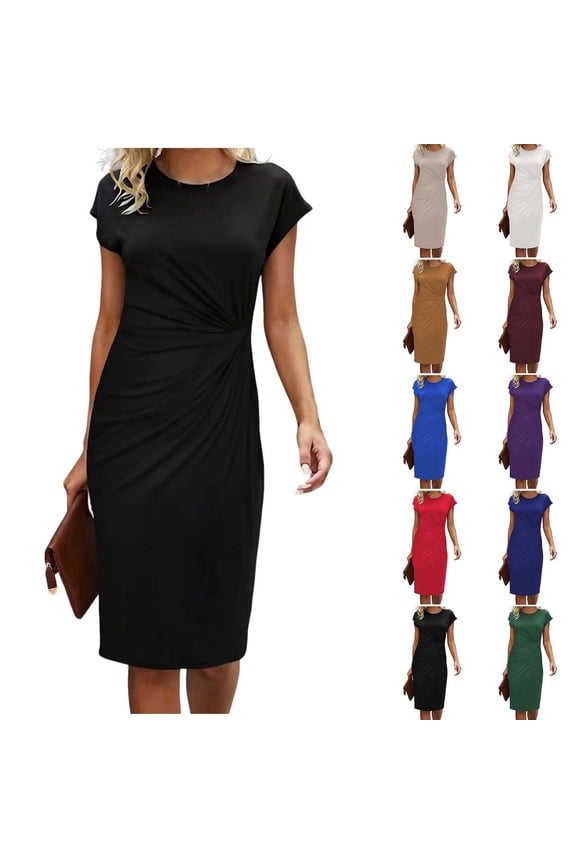 Cap Sleeve Dresses for Women Casual Twist Knot Wrap Dress Summer Midi Length T Shirt Dresses Solid Color Crewneck Work Office Dress