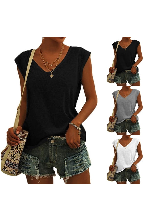 Cap Sleeve T-Shirts for Women Plain Workout Tshirts Casual V Neck Basic Tees Loose Fitted Summer Tops Solid Color Tee Shirt Cozy Soft T Shirt